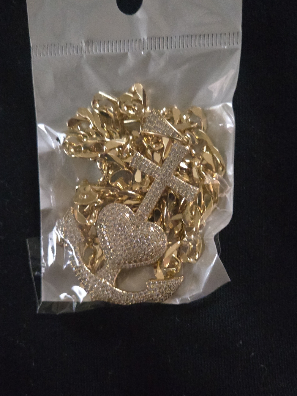 Gold Plate Pave Heart and Cross Pendant Necklace